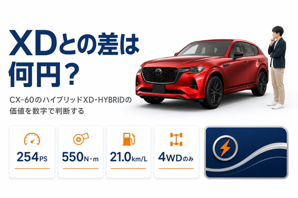 CX-60のXD-HYBRIDとXDの違いを示したアイキャッチ